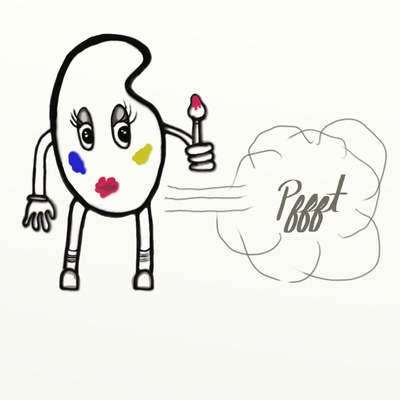 Cartoon of a painter's palette with eyes and legs holding a brush, with a drawn puff of air behind it