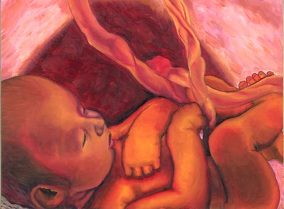 A newborn curled up asleep, painted in glowing reds and oranges with the forms simplified almost to abstraction