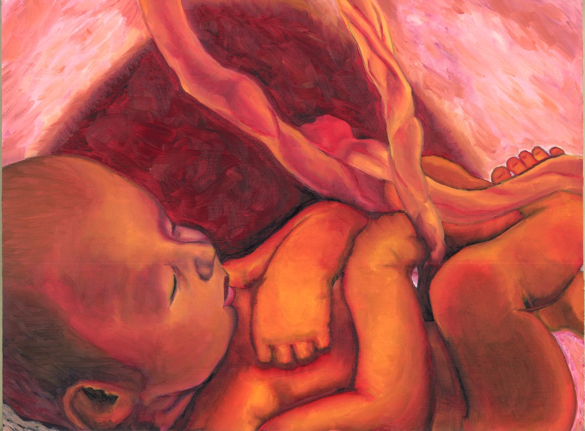 A newborn curled up asleep, painted in glowing reds and oranges with the forms simplified almost to abstraction