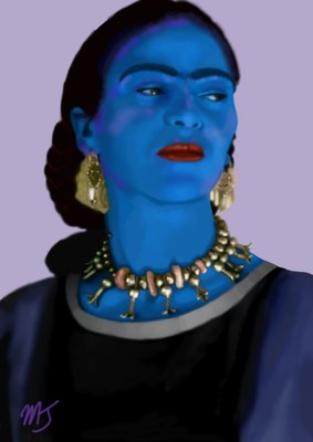 Frida Kahlo in flat cobalt blue on a lilac ground, dark braided hair, gold earrings, a beaded collar and red lips, drawn digitally and signed MJ in purple
