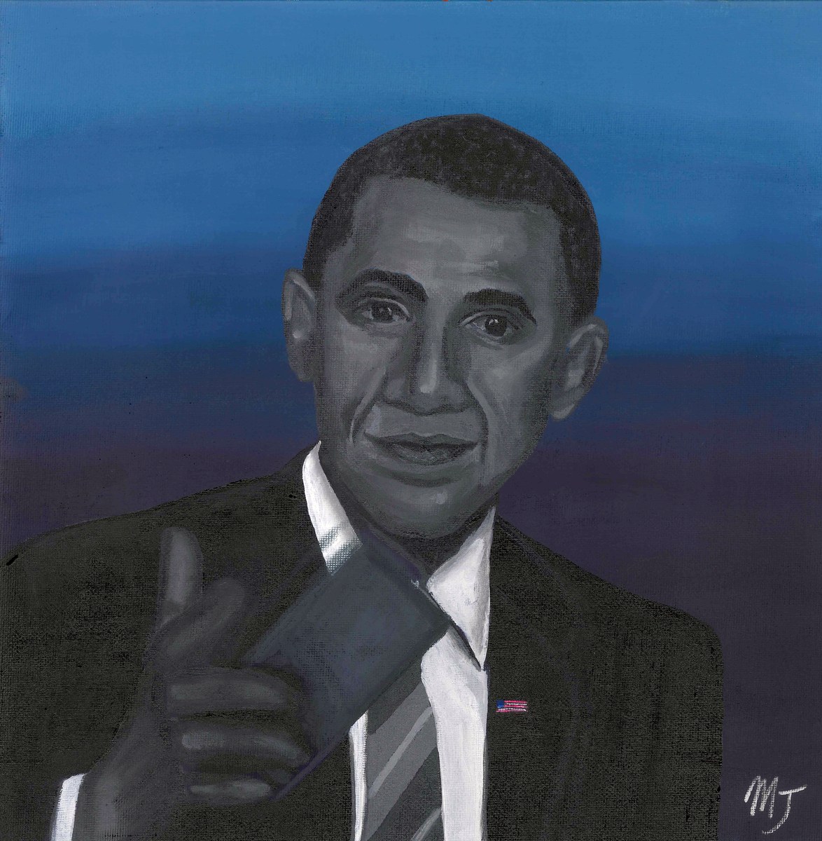 Painted portrait of Barack Obama in a dark suit, gesturing towards the viewer against a deep blue ground