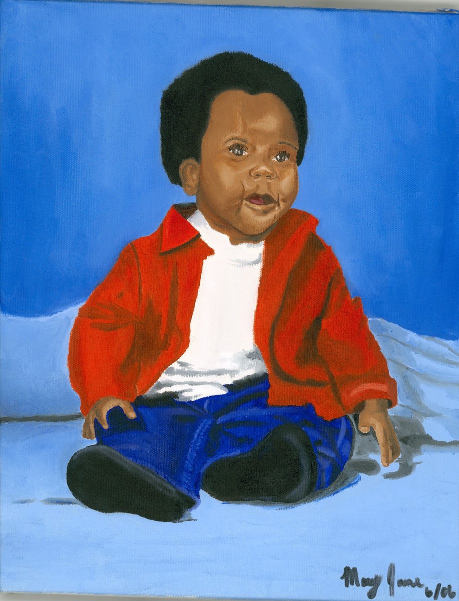 A small boy with a round face and dark curly hair sits on a pale blue cloth in a red jacket over a white shirt, dark blue trousers and black shoes, looking up and to the left, against a deep blue ground