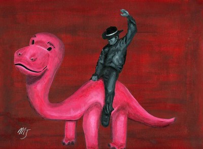 A man in dark clothes and a bowler hat riding a bright pink cartoon dinosaur, one fist raised, on a deep red ground