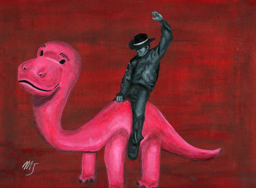 A man in dark clothes and a bowler hat riding a bright pink cartoon dinosaur, one fist raised, on a deep red ground