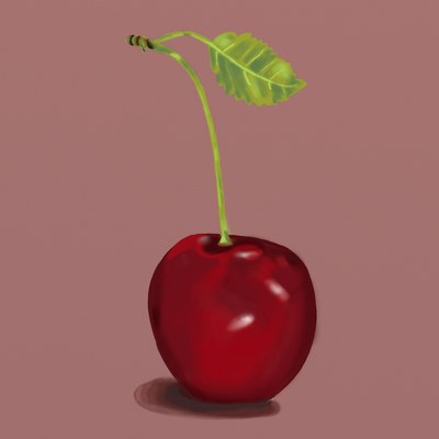 A single dark red cherry with its stalk and two leaves, painted against a dusty rose ground