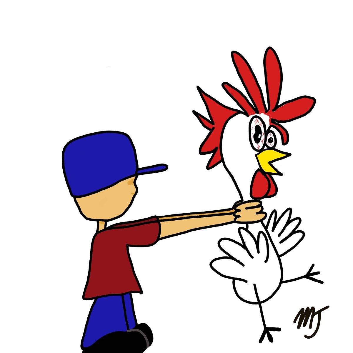 Cartoon of a boy in a red shirt and blue cap gripping a startled white rooster by the neck
