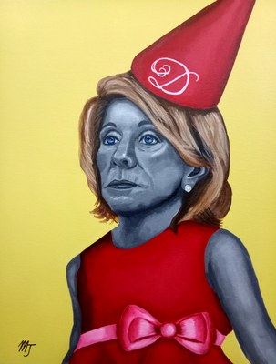 Painted portrait of a woman in a red dress with a pink bow, wearing a red dunce cap, against a yellow ground