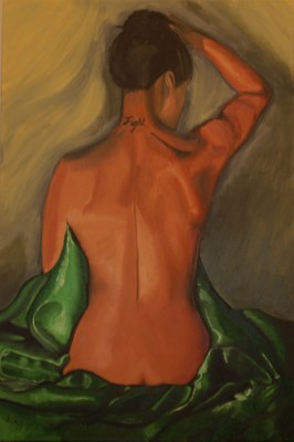 A woman seen from behind with her hair pinned up and one arm raised, draped in green fabric