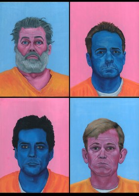 Four portraits arranged in a two by two grid, each man in an orange shirt, painted in flat blue and pink against alternating pink and blue grounds