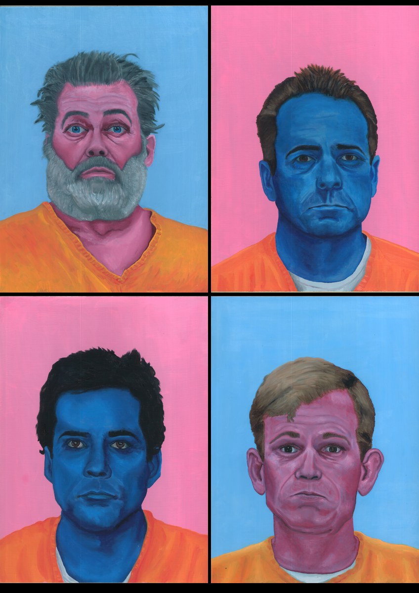Four portraits arranged in a two by two grid, each man in an orange shirt, painted in flat blue and pink against alternating pink and blue grounds