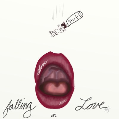 An open mouth with red lips beside hand-lettered words reading falling in love, on white