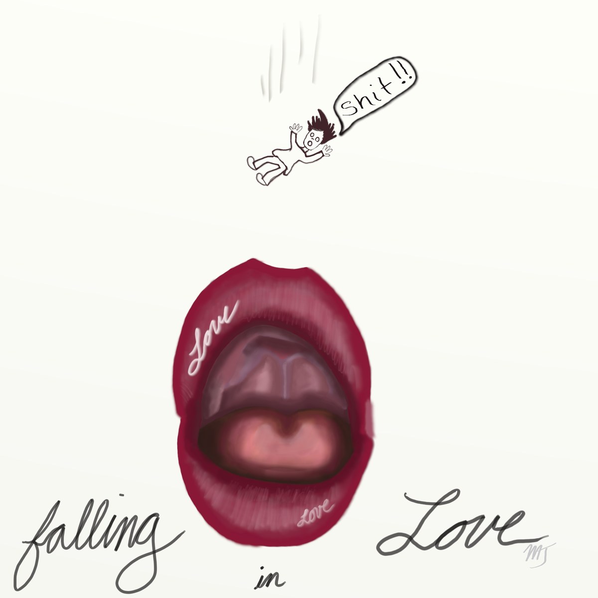 An open mouth with red lips beside hand-lettered words reading falling in love, on white