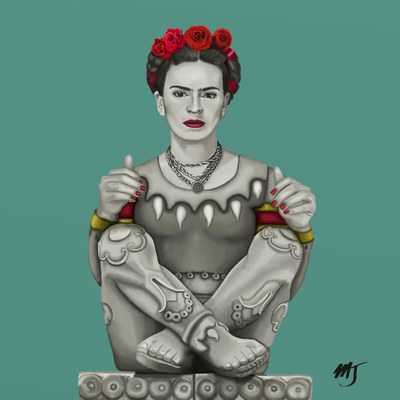 Frida Kahlo seated cross-legged in a crown of red roses, her body painted as pale carved stone, against a soft teal ground