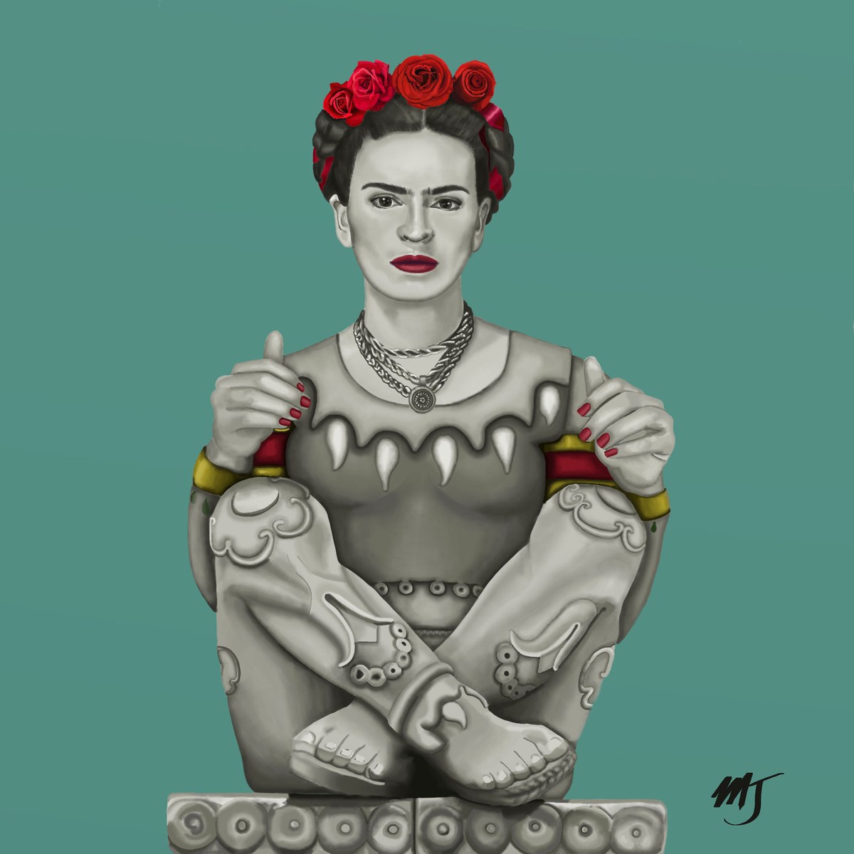 Frida Kahlo seated cross-legged in a crown of red roses, her body painted as pale carved stone, against a soft teal ground