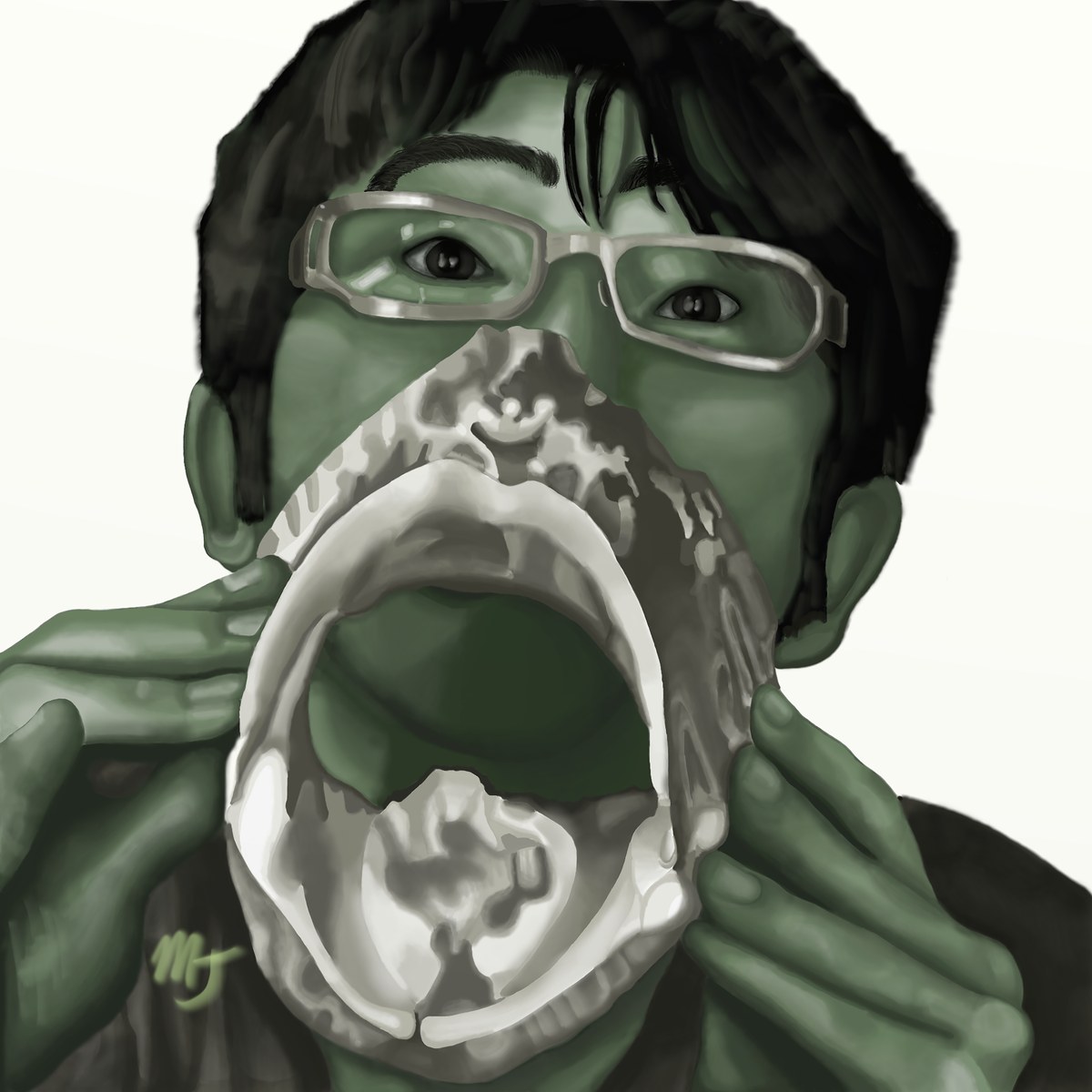 A man in round glasses eating a large white fish, painted in flat greens and greys
