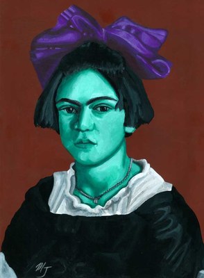 Frida Kahlo with a large purple bow in her hair and skin painted vivid green, in a dark dress with a white collar against a red-brown ground