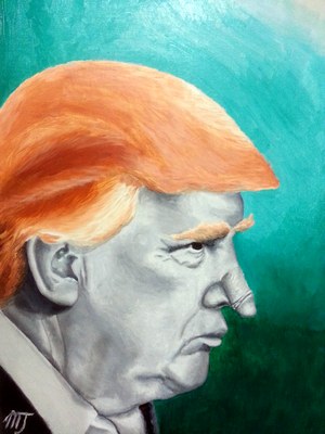 Profile caricature of Donald Trump with orange hair and grey skin against a teal and green ground