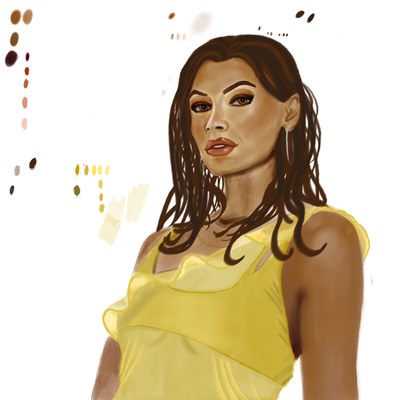 The same young woman in a yellow top on a bare white ground, the portrait before it was finished, with her colour swatches for skin, hair and the yellow top tried out down the left edge