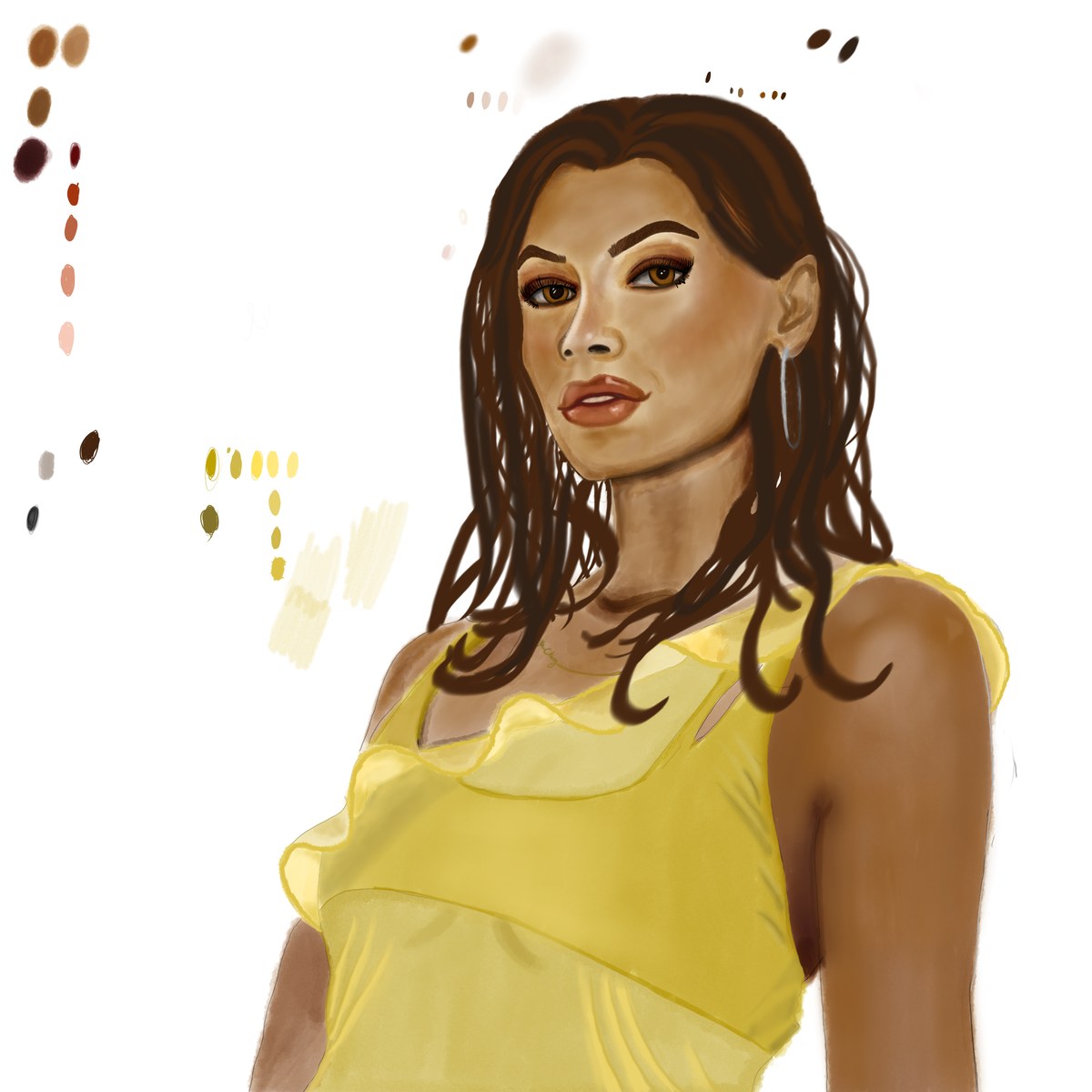 The same young woman in a yellow top on a bare white ground, the portrait before it was finished, with her colour swatches for skin, hair and the yellow top tried out down the left edge