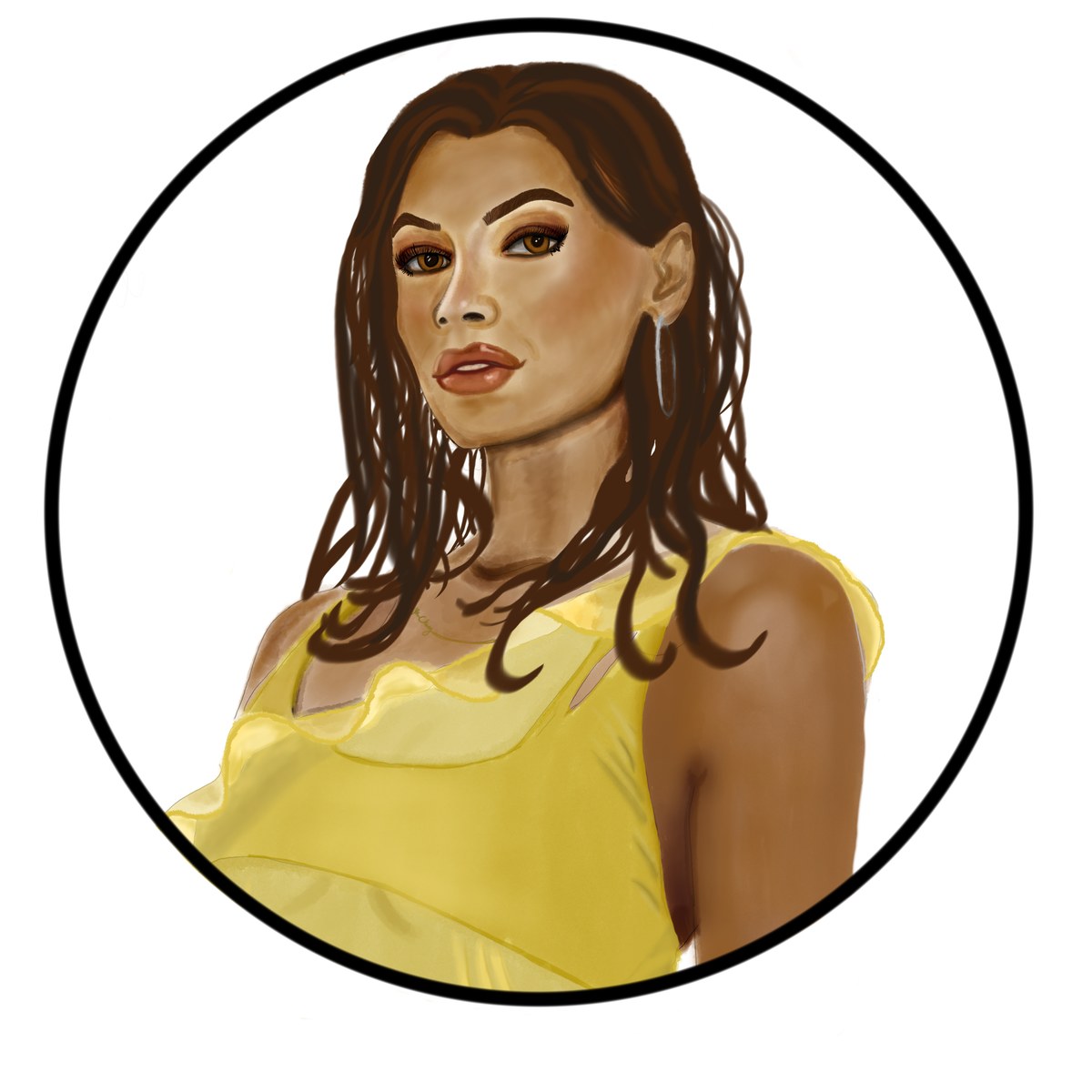 A young woman with long dark hair, gold hoop earrings and a yellow top, head tilted, looking out, inside a black ring on white, drawn digitally