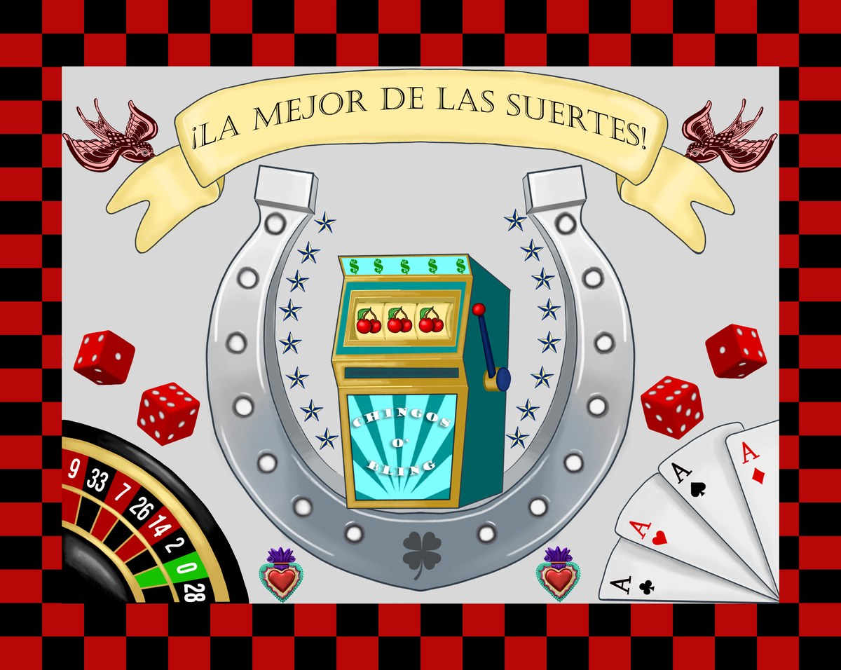 A card reading La mejor de las suertes on a yellow banner over a silver horseshoe, a slot machine showing three cherries, red dice, a roulette wheel and four aces, inside a red and black chequered border