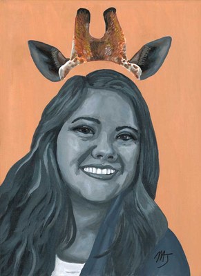A smiling young woman painted in greyscale wearing giraffe ears and horns, against a warm orange ground