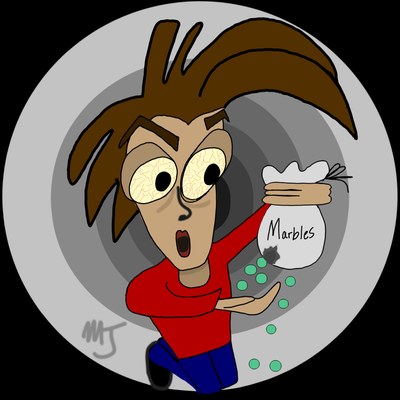 Cartoon of a wide-eyed boy spilling green marbles from a bag, seen through a grey porthole on black
