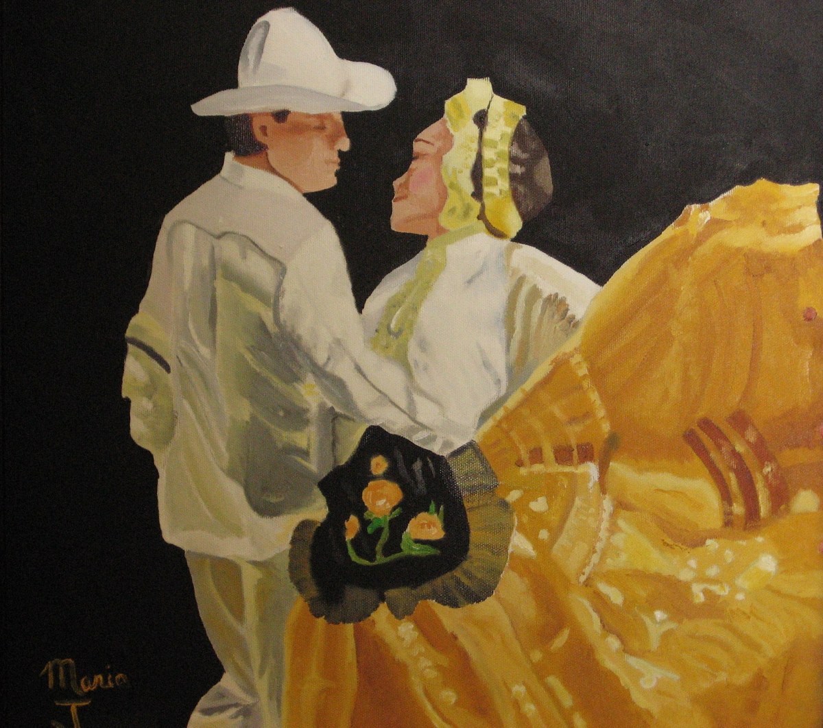 A couple dancing in folk costume, the woman in a yellow skirt and the man in a white shirt and hat, on black