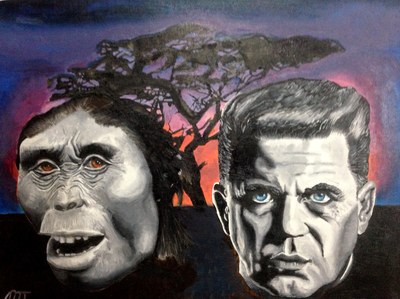 Two faces side by side in greyscale, one an early hominid and one a stern man, against a sunset sky and acacia trees