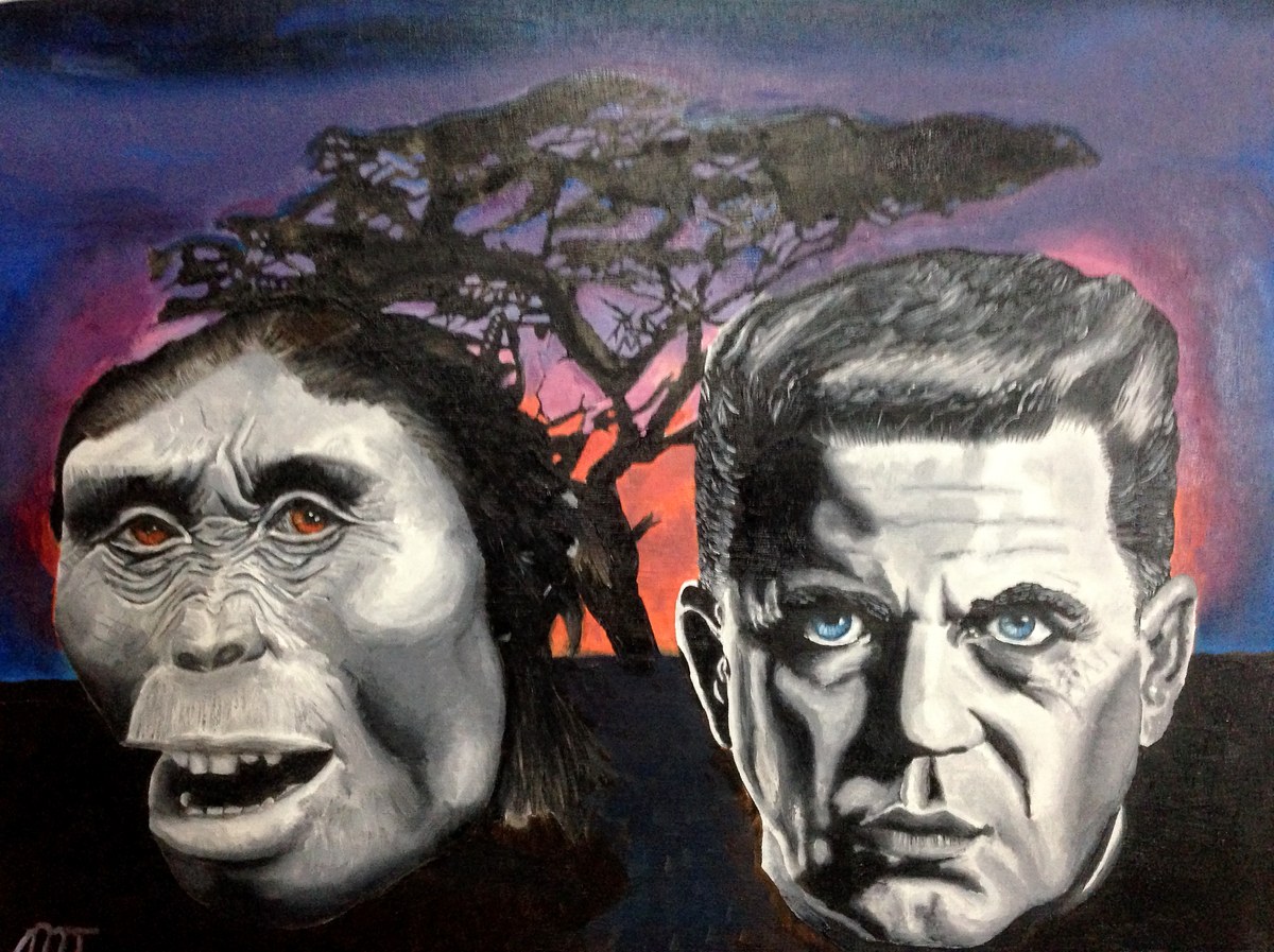 Two faces side by side in greyscale, one an early hominid and one a stern man, against a sunset sky and acacia trees