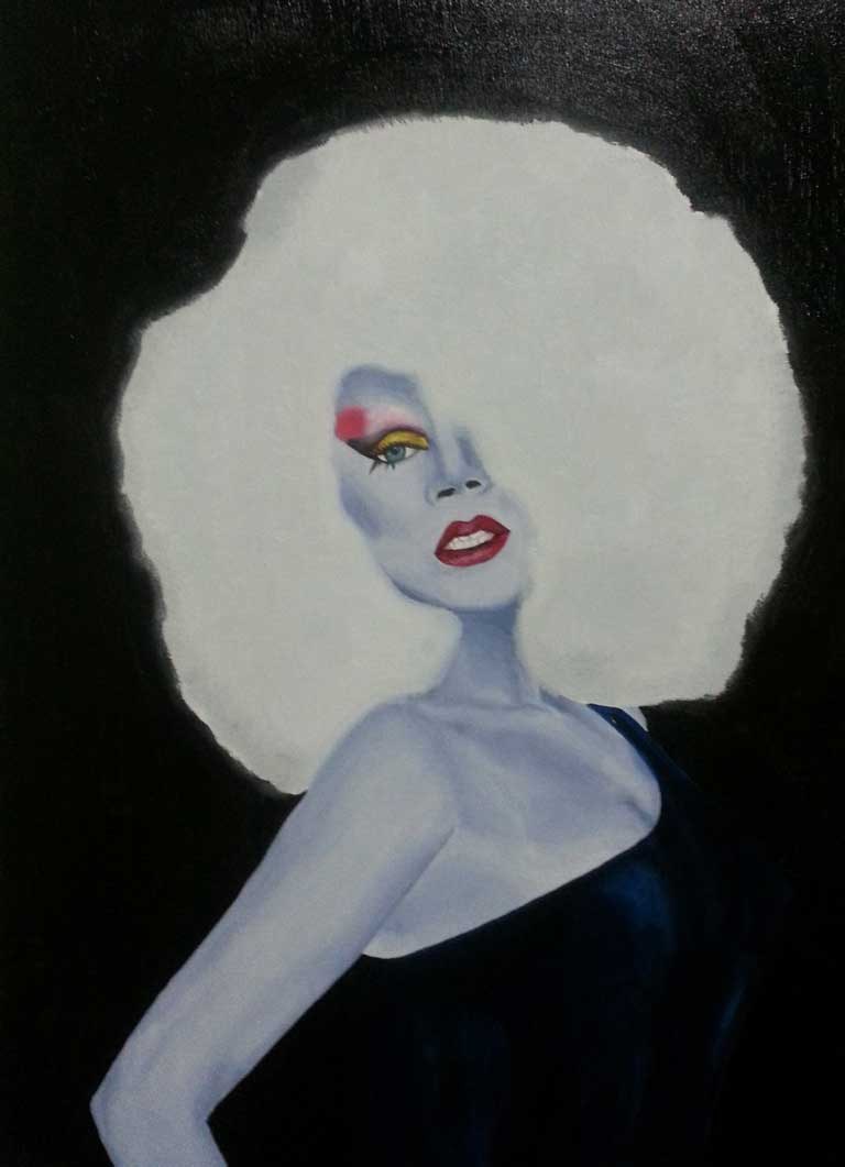 A figure with a large white afro and one rainbow-painted eye, pale blue skin and red lips, one shoulder bare against black