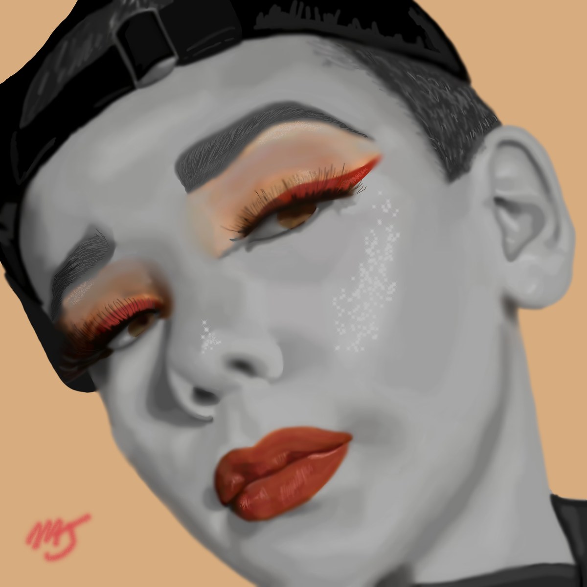 Close-up of a face in greyscale wearing a black cap, with bold orange-red lips and orange eyeshadow, on a tan ground