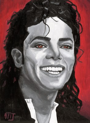 Painted portrait of Michael Jackson smiling, in black curls and a white collar against a deep red ground