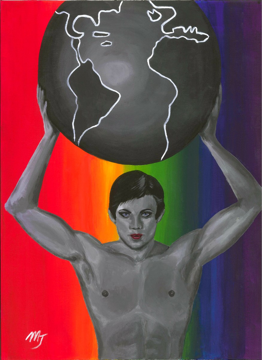 A figure lifting a dark globe overhead, arms raised, against vertical bands of red, orange, green and purple