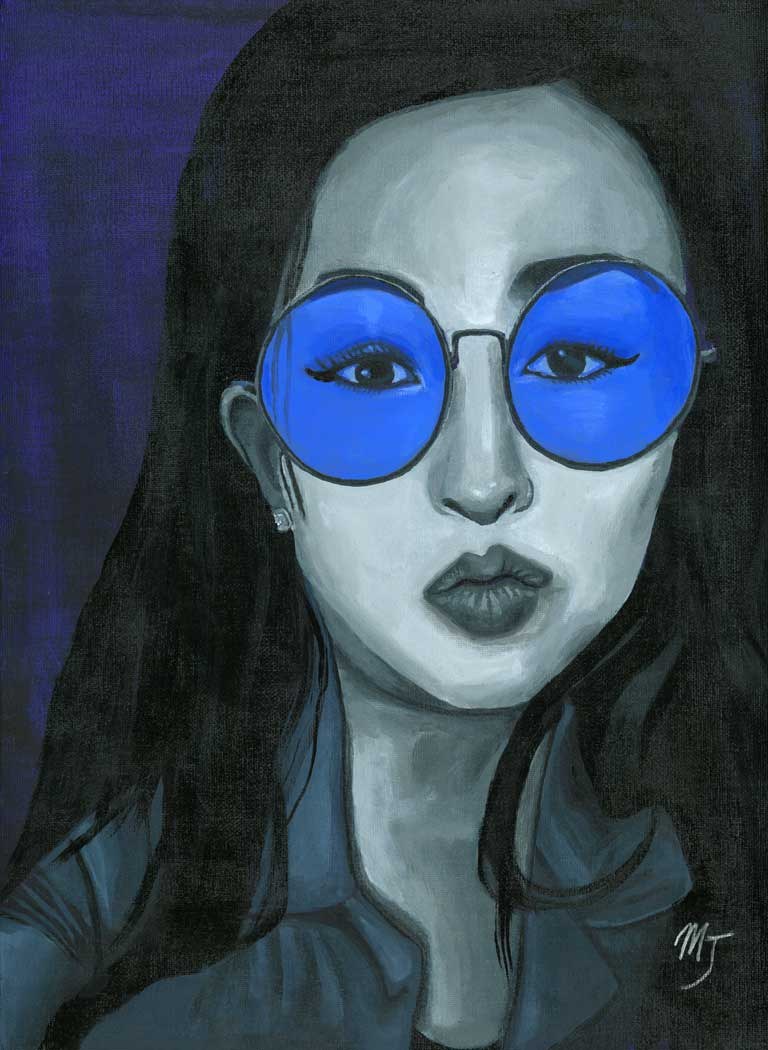 A young woman in greyscale wearing round blue-lensed sunglasses, against a dark blue ground