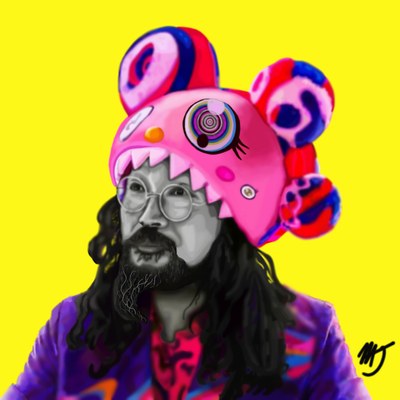 Takashi Murakami in glasses and a purple jacket wearing an oversized pink cartoon flower hat, on a bright yellow ground