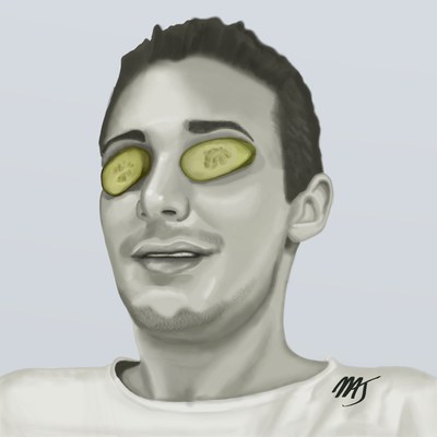 A smiling young man in a white shirt with cucumber slices over his eyes, painted in greyscale on pale blue