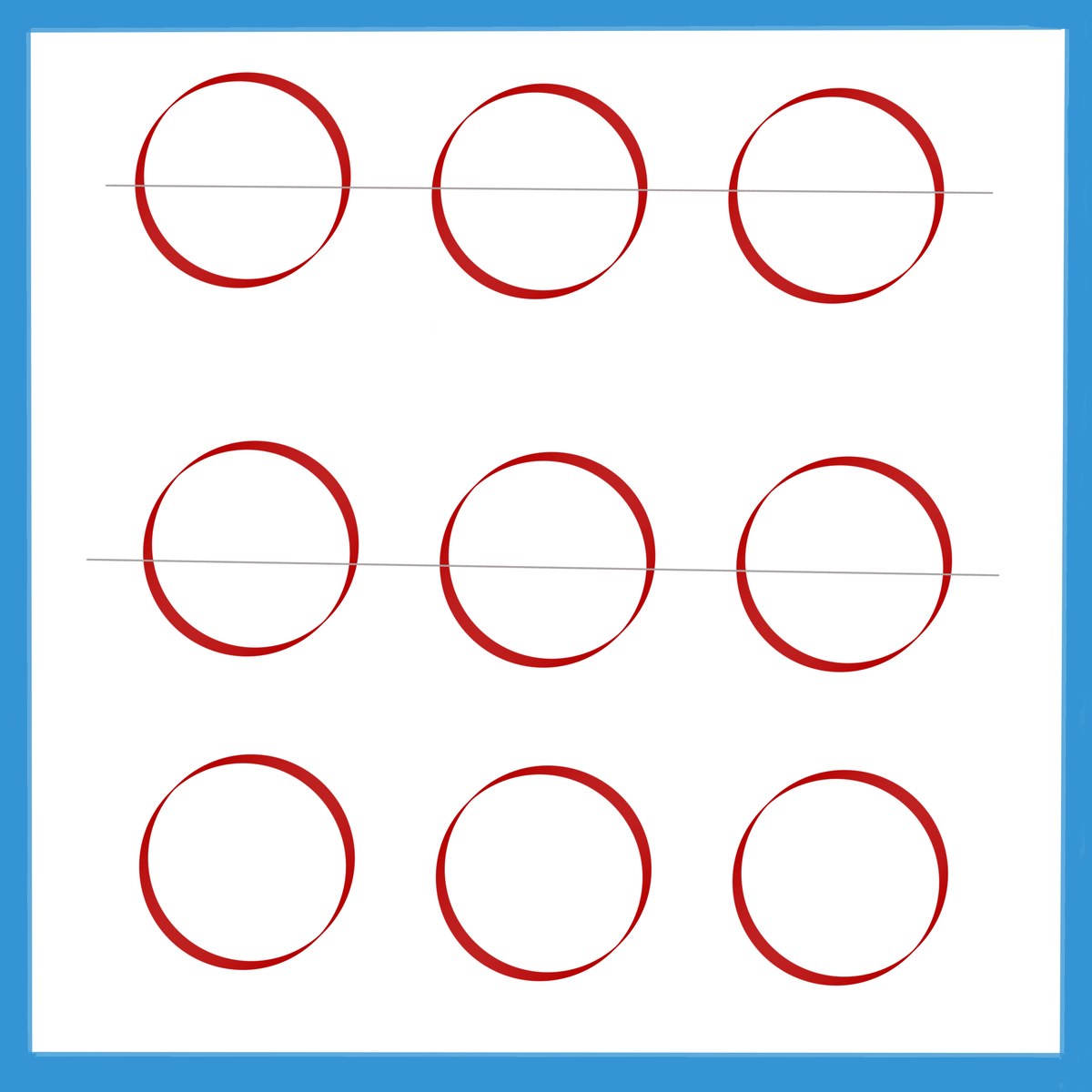 Nine red circles drawn freehand in three rows of three on white, over faint grey guide lines, inside a blue border