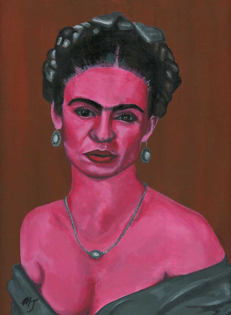 Frida Kahlo with skin painted hot pink, bare shoulders and a beaded necklace, against a red-brown ground