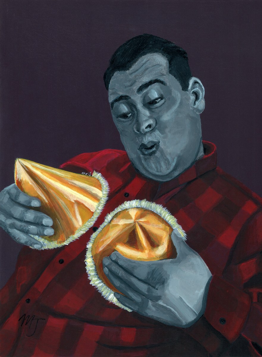 A man in a red plaid shirt holding two gold foil party hats up to his face, on a dark purple ground