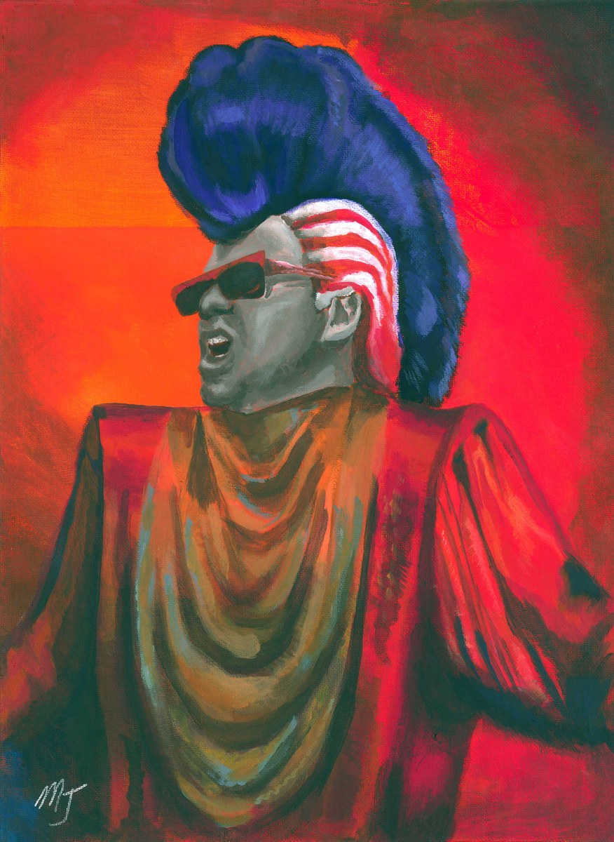 A singer in sunglasses and a tall blue and red feathered headdress, arms spread, painted in reds and oranges