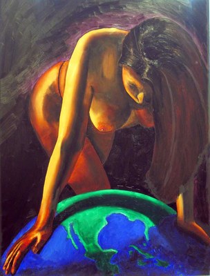A figure curled over a painted globe, the body lit in gold and orange against a dark ground