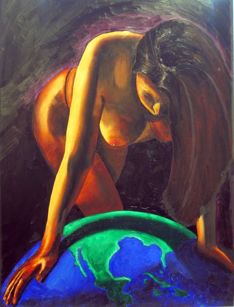 A figure curled over a painted globe, the body lit in gold and orange against a dark ground