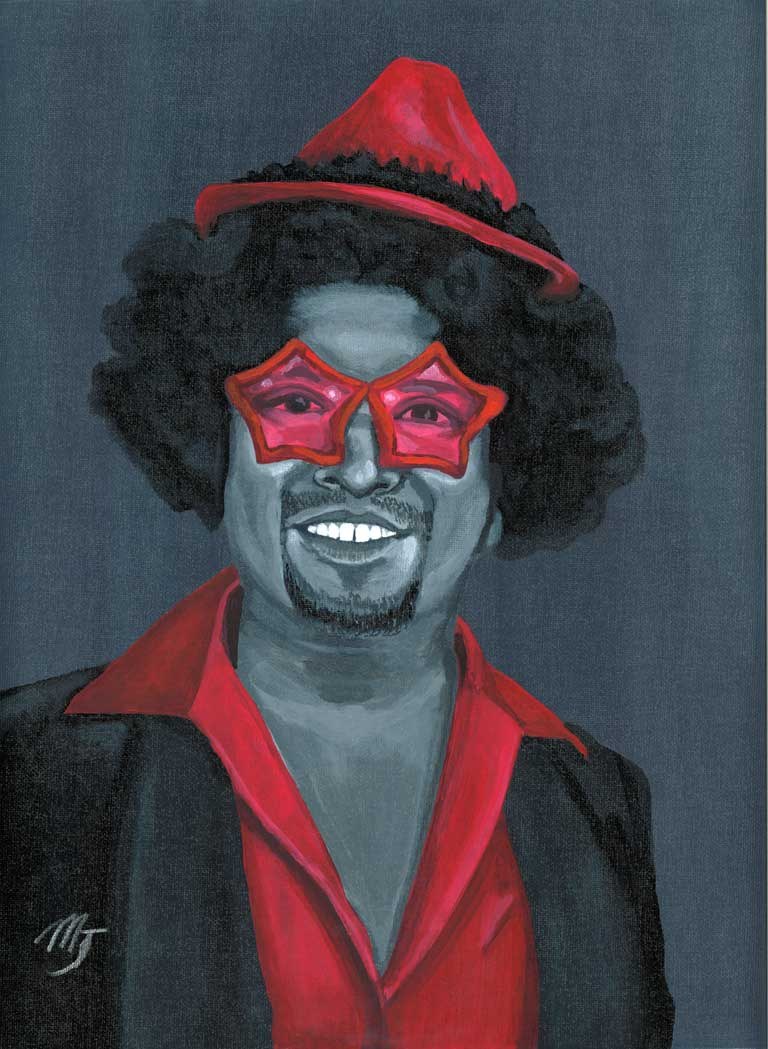 A man in a red hat, red star-shaped sunglasses and a red shirt under a dark jacket, grinning, painted in greyscale on slate