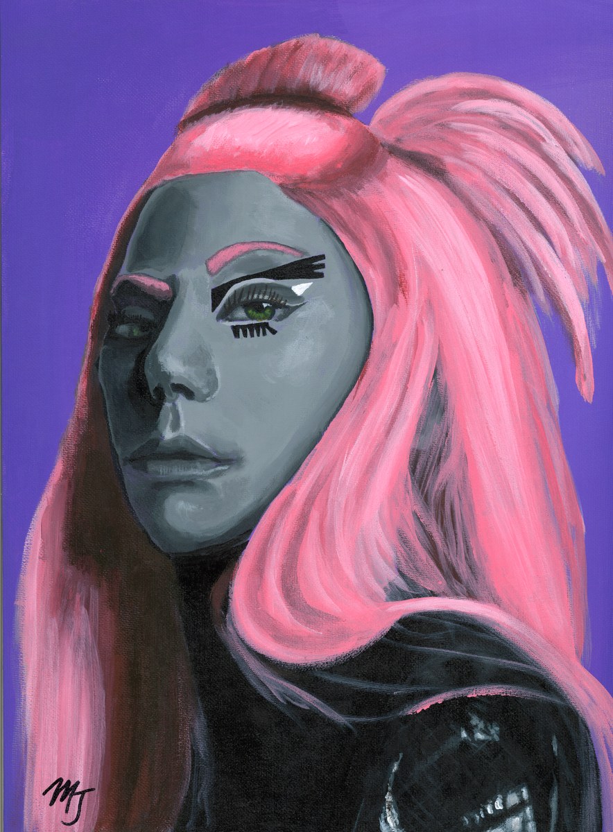 A figure in long pink hair with a dark painted eye and greyscale skin, against a violet ground