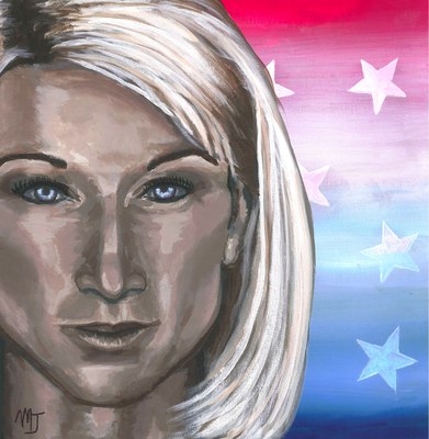 Portrait of an athlete with long blonde hair looking straight ahead, against a red, white and blue field of stars