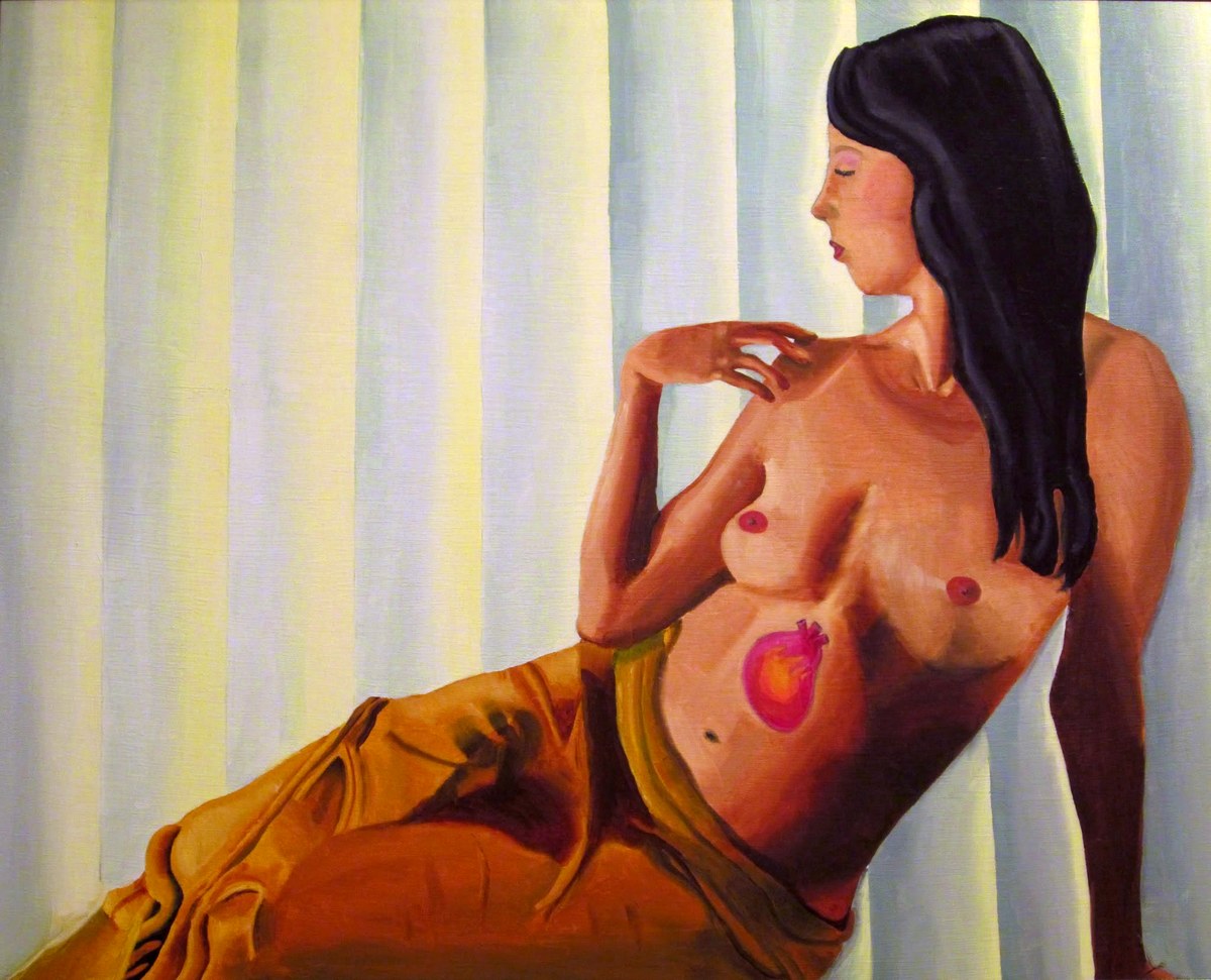 A reclining tattooed figure in orange trousers against a pale striped ground