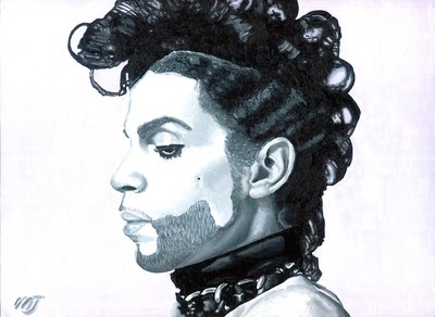 Profile portrait of Prince in dark curls and a high collar, on a pale ground