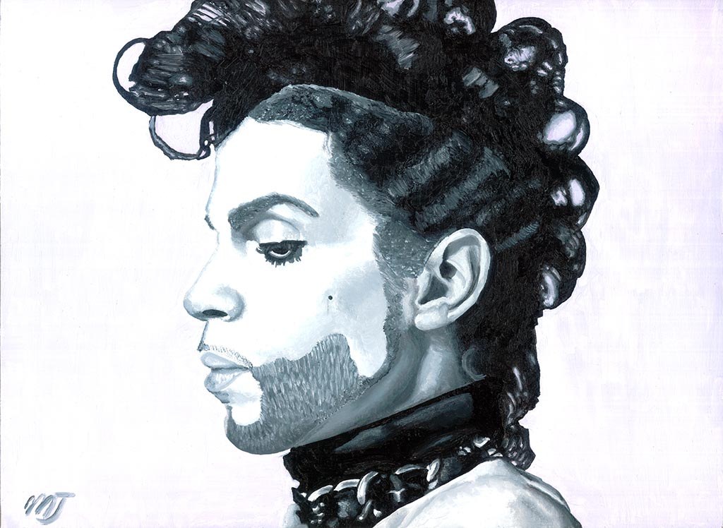 Profile portrait of Prince in dark curls and a high collar, on a pale ground