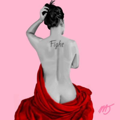 A woman seen from behind, hair pinned up, the word Fight tattooed across her upper back, red drapery falling from her waist on a flat pink ground